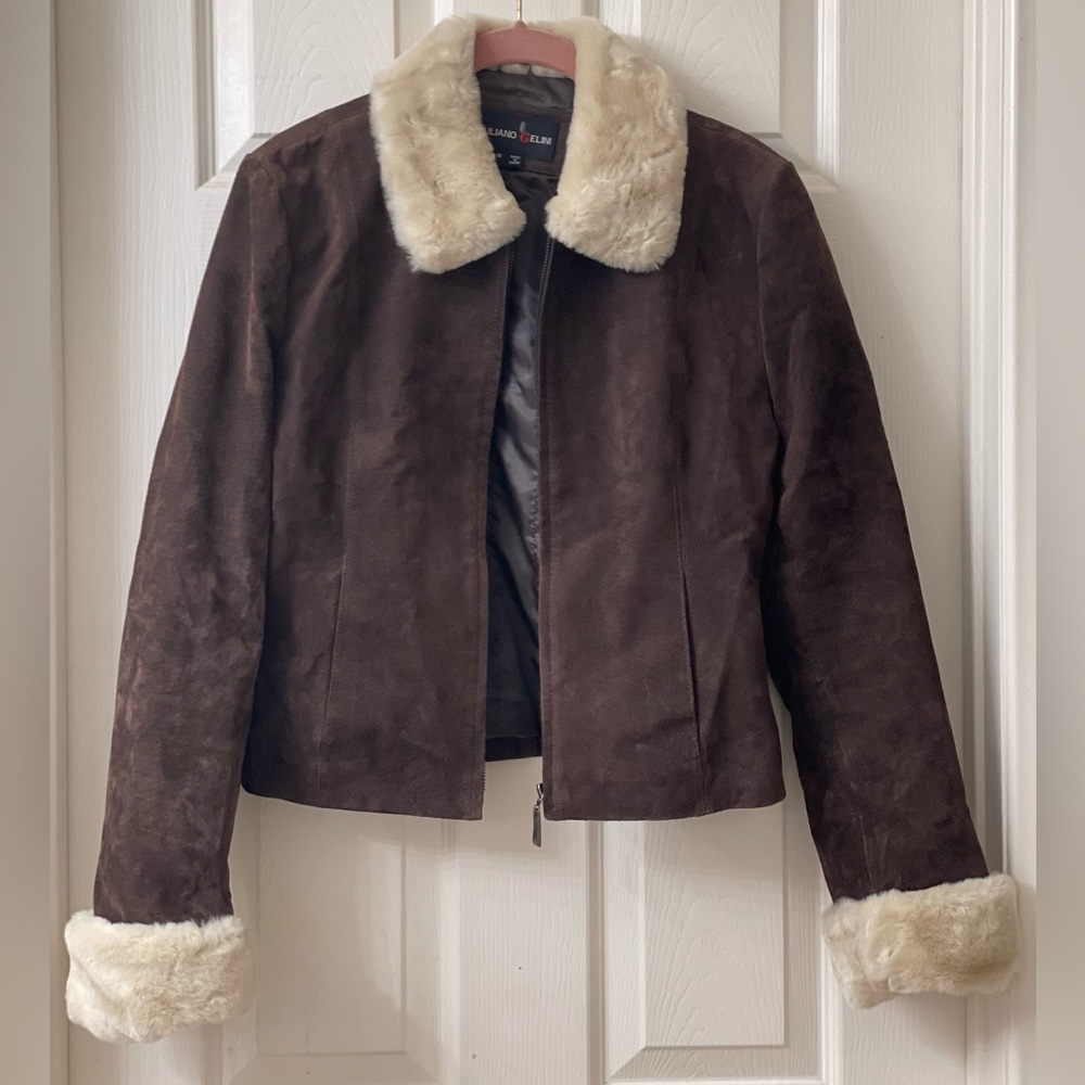 Juliano Celini brown Suede, Faux Fur Collar & Cuffs women Leather Jacket.